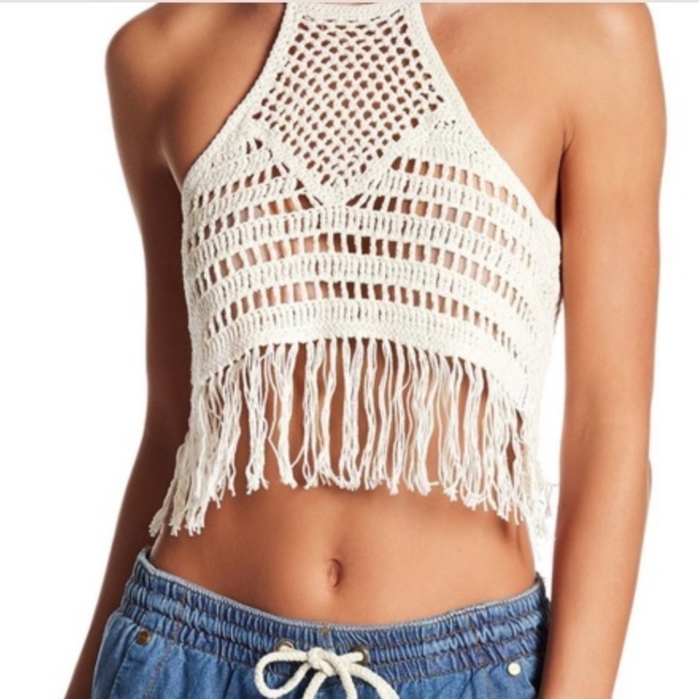 One Teaspoon Husk Bodice Crochet Halter Top Cropped with Fringe Sz S - Picture 1 of 13